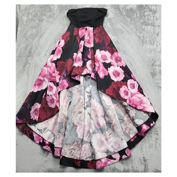 Speechless Dress Womens 3 Juniors Black Pink Floral Strapless High Low Pockets - Picture 1 of 7